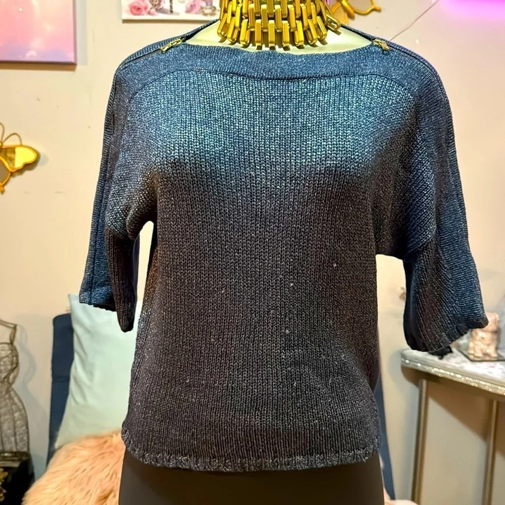 "Chic Blue Sweater with Zipper and Metallic Details"size small
